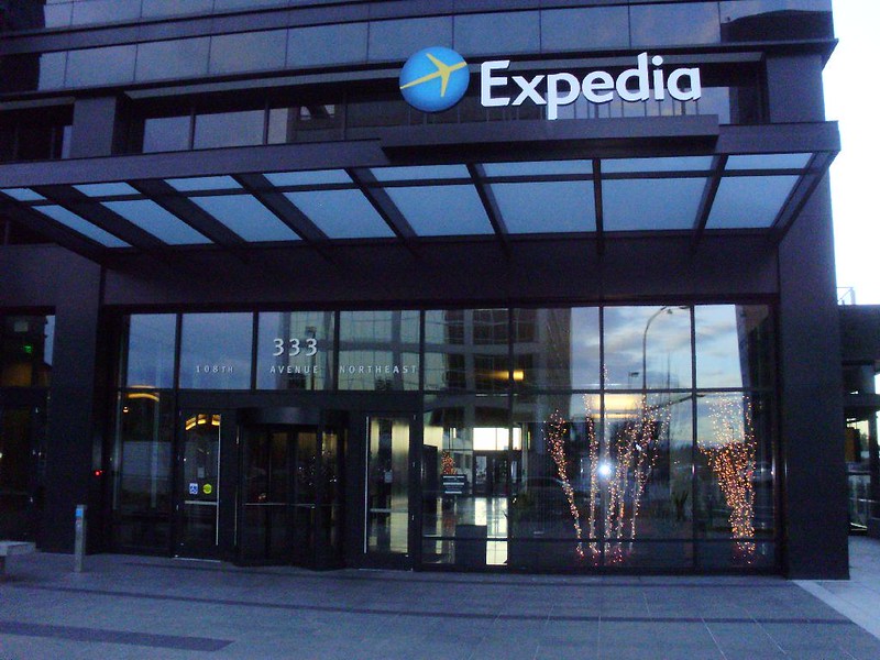 This image shows the entrance to an Expedia office building
