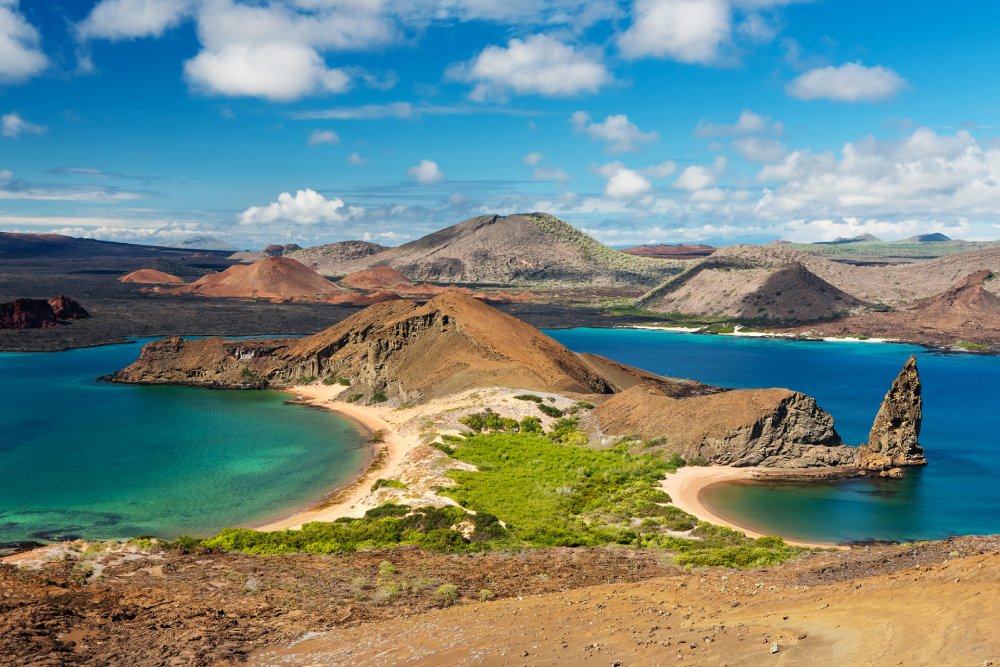 View of two beaches of Bartolome Island in Galapagos Islands National park