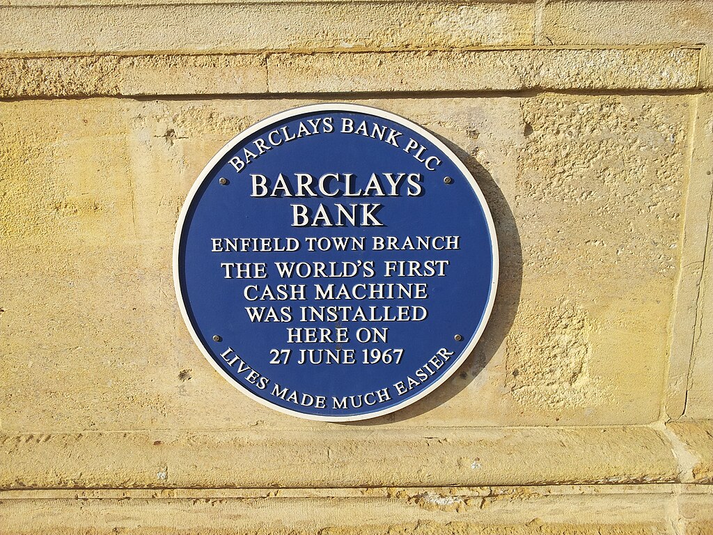 Close Up Photo of First Cash Machine Blue Plaque In Enfield