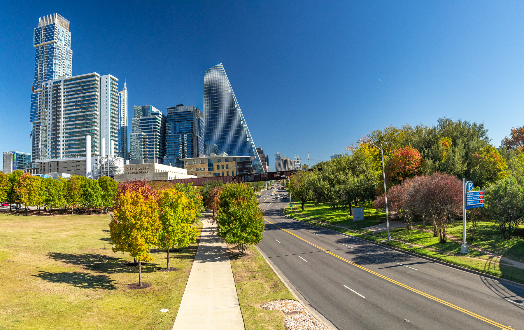 Fall season color in downtown Austin skyline near Town Lake