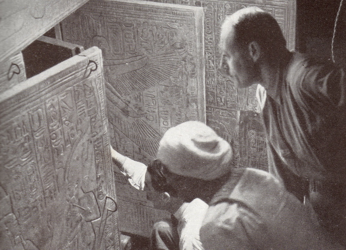 Howard Carter (kneeling) at doors of burial shrines in Pharao Tutankhamen’s tomb - 1924