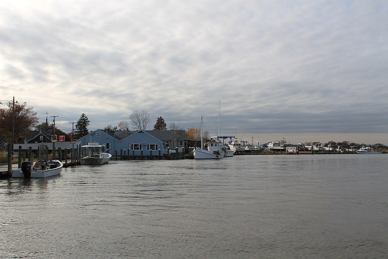 Waterfront View of Boats and Buildings in Leipsic, Delaware