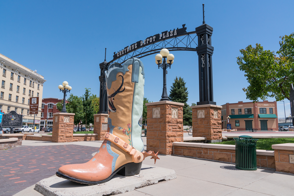 Large cowboy boot art sculpture outside in the historic Cheyenne Depot Park