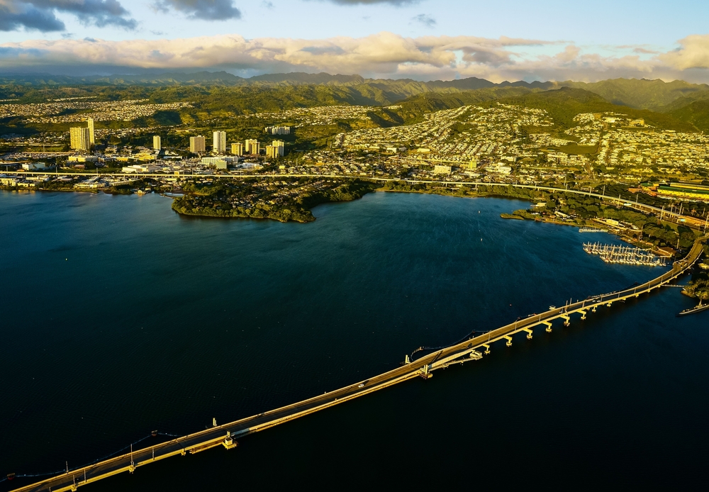 An aerial view of Aiea neighborhood in Ohau