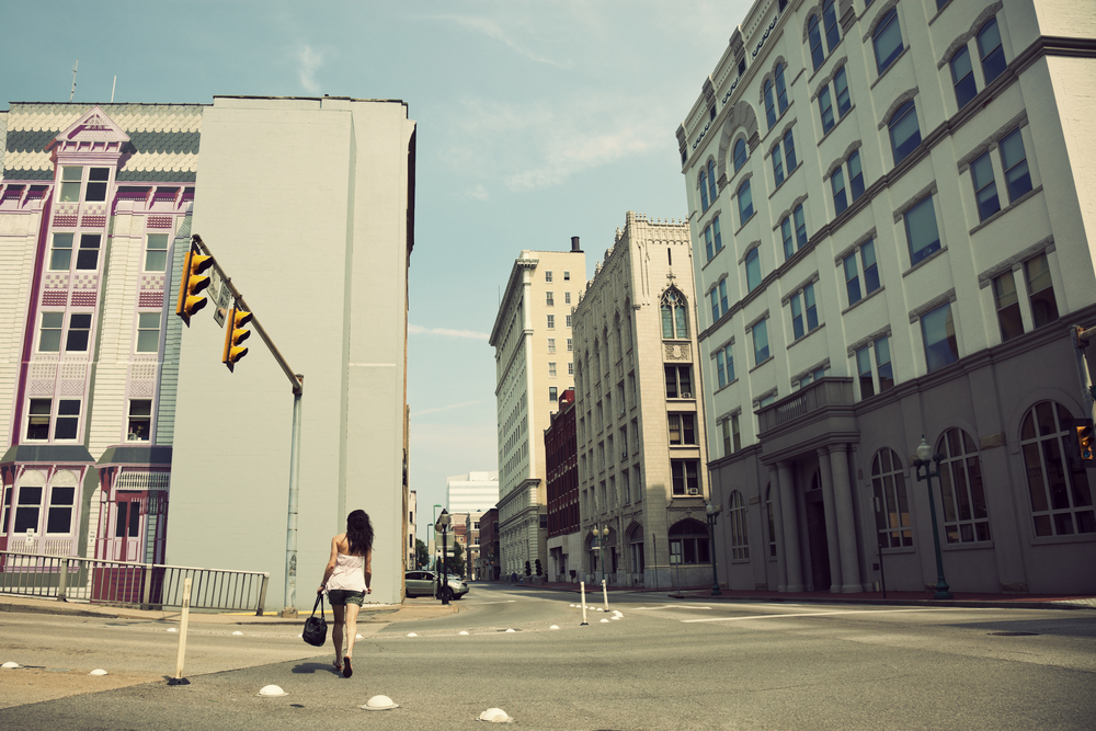 Girl walking streets of Charleston, West Virginia