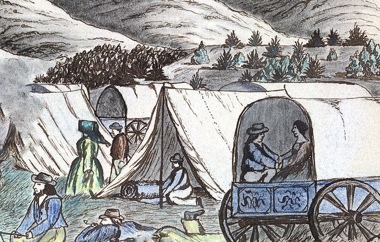 Tents and covered wagons on the Humboldt River in Nevada