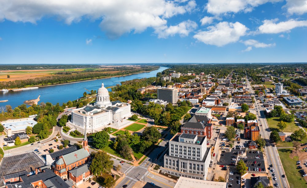 Aerial view of Jefferson City, Missouri, Cloudy Sky in the Background