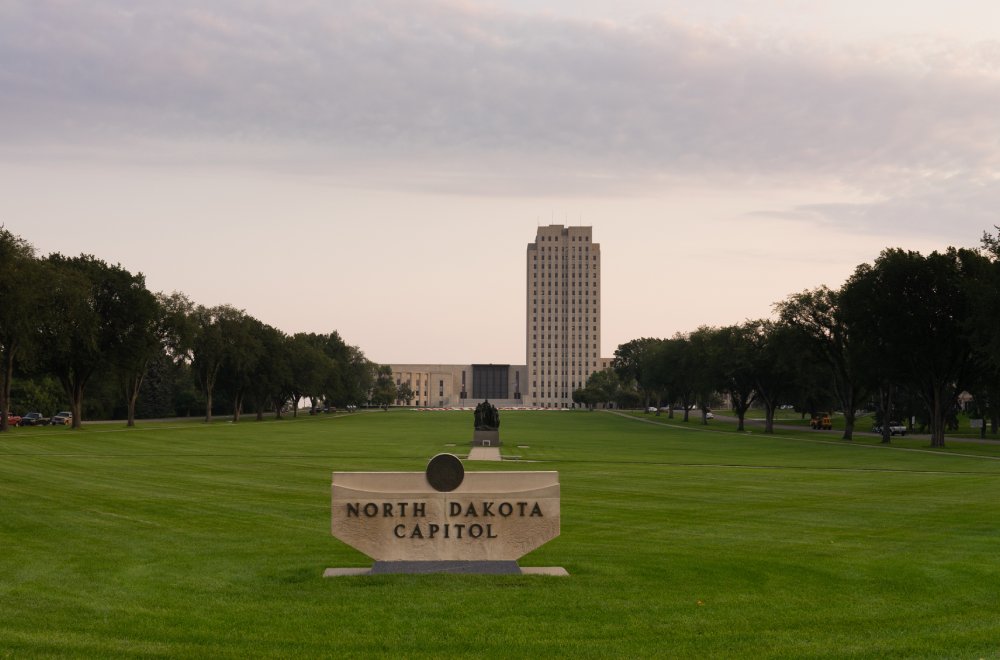 This image shows the North Dakota State Capitol building in Bismarck