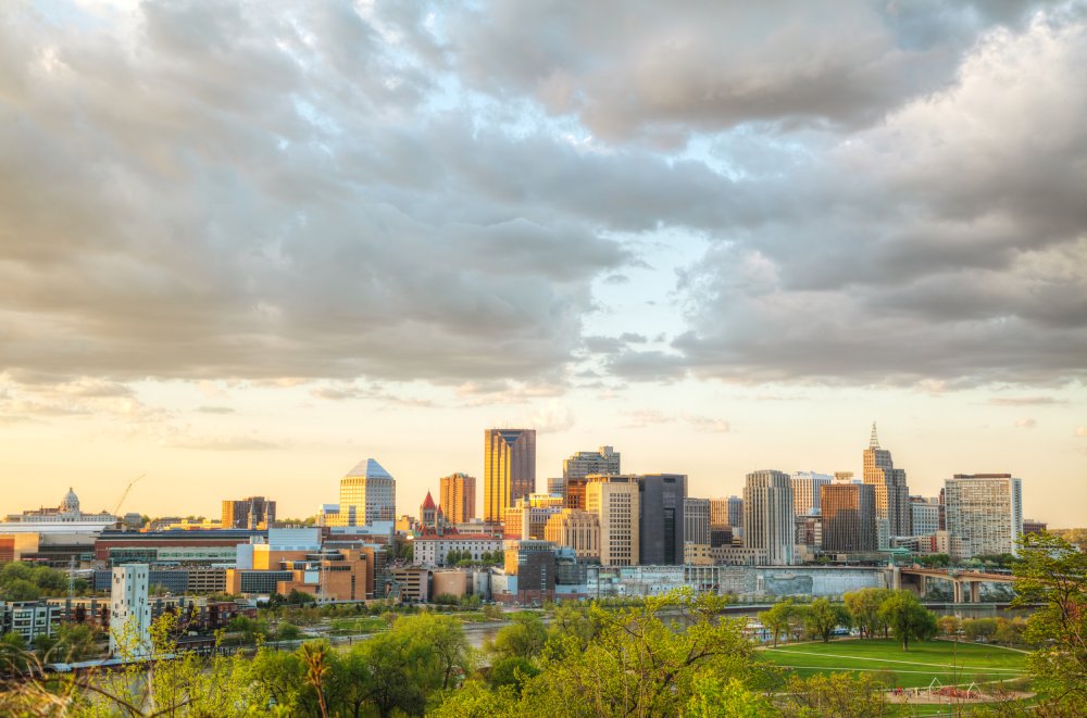 This image presents a panoramic view of the city of St. Paul, Minnesota