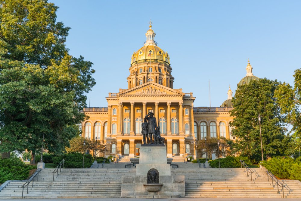 This image showcases the Iowa State Capitol building in Des Moines