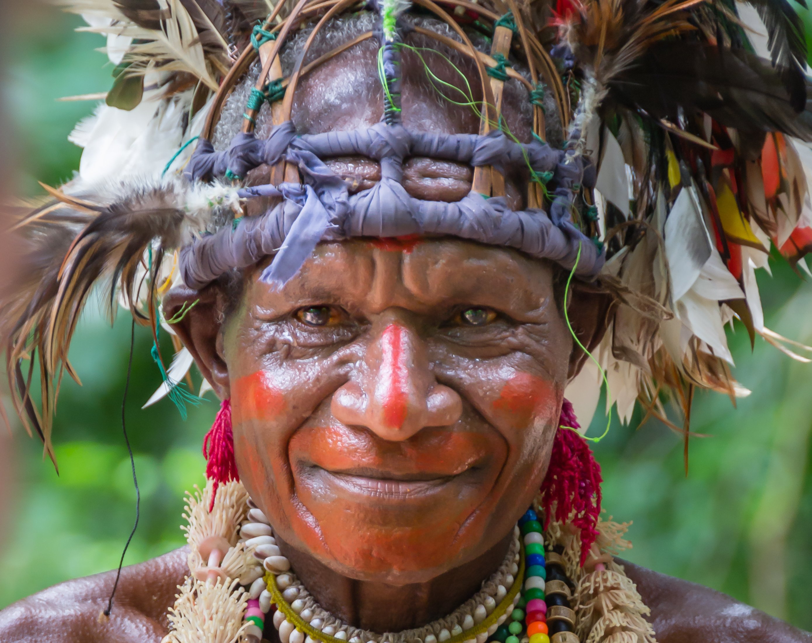 Senior indigenous Melanesia tribal man in colorful traditional clothes