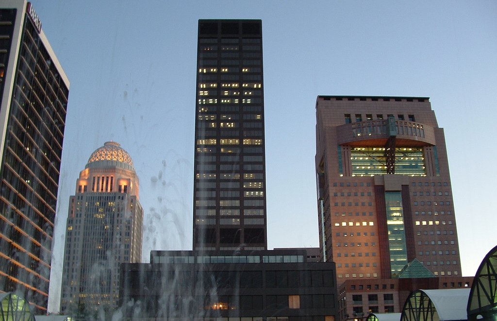 View of Downtown Louisville buildings at dusk