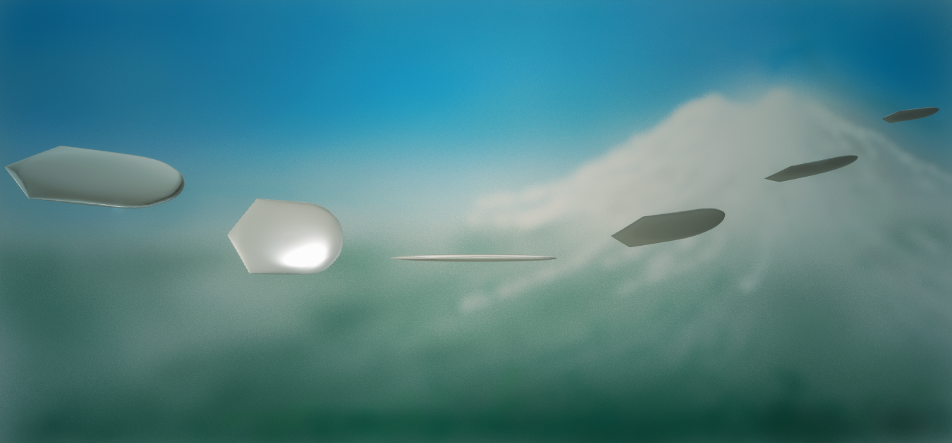 Illustration of 6 craft (out of a total of 9) seen from a distance of c.23 miles by Kenneth Arnold