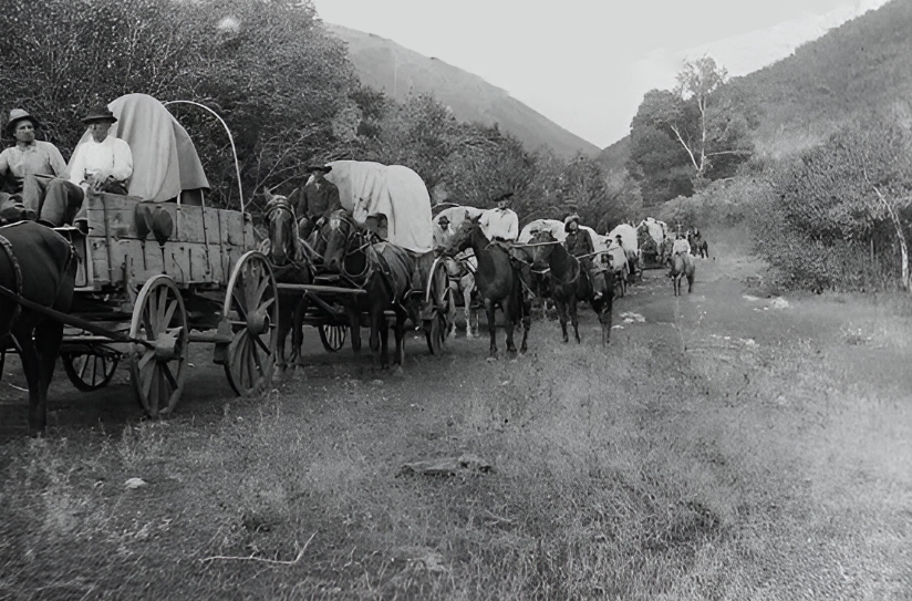 Mormons entering Salt Lake valley in covered wagons