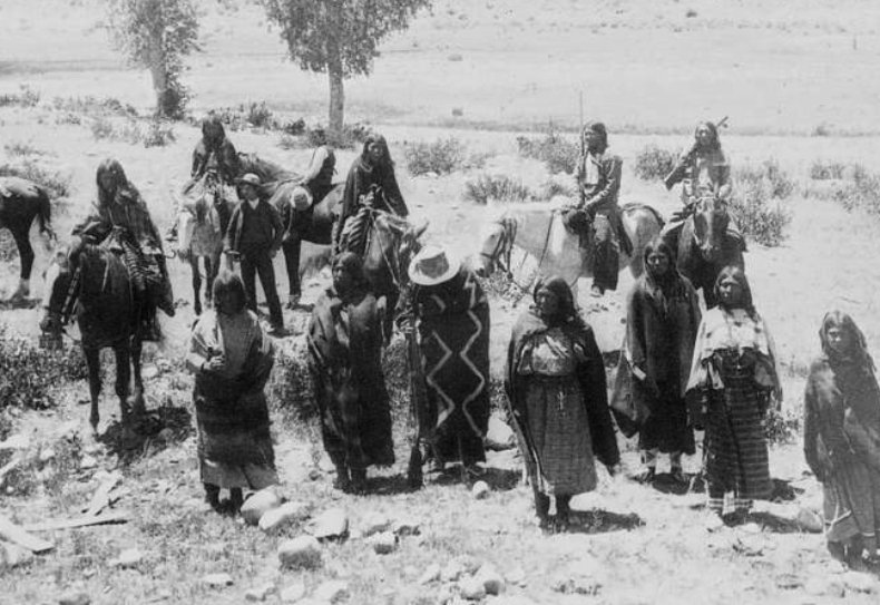 A group of Ute braves and squaws, Colorado, U.S.A