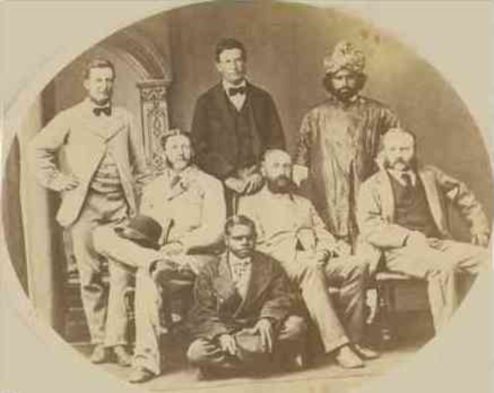 This is a group photograph of Ernest Giles' expedition party for his fourth expedition