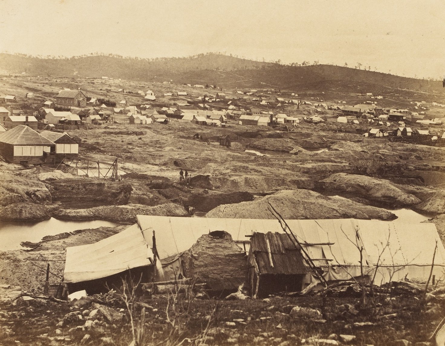 A view of the diggings from Old Post Office Hill in 1858