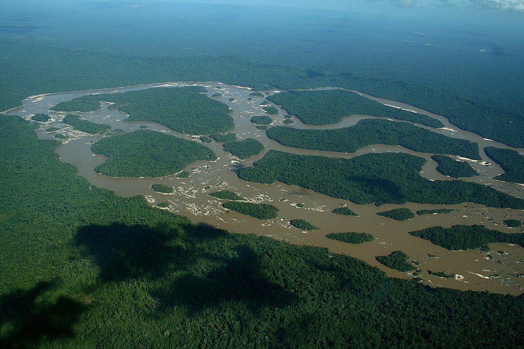 Aerial view of the Caroní River uphill from the Guri dam lake