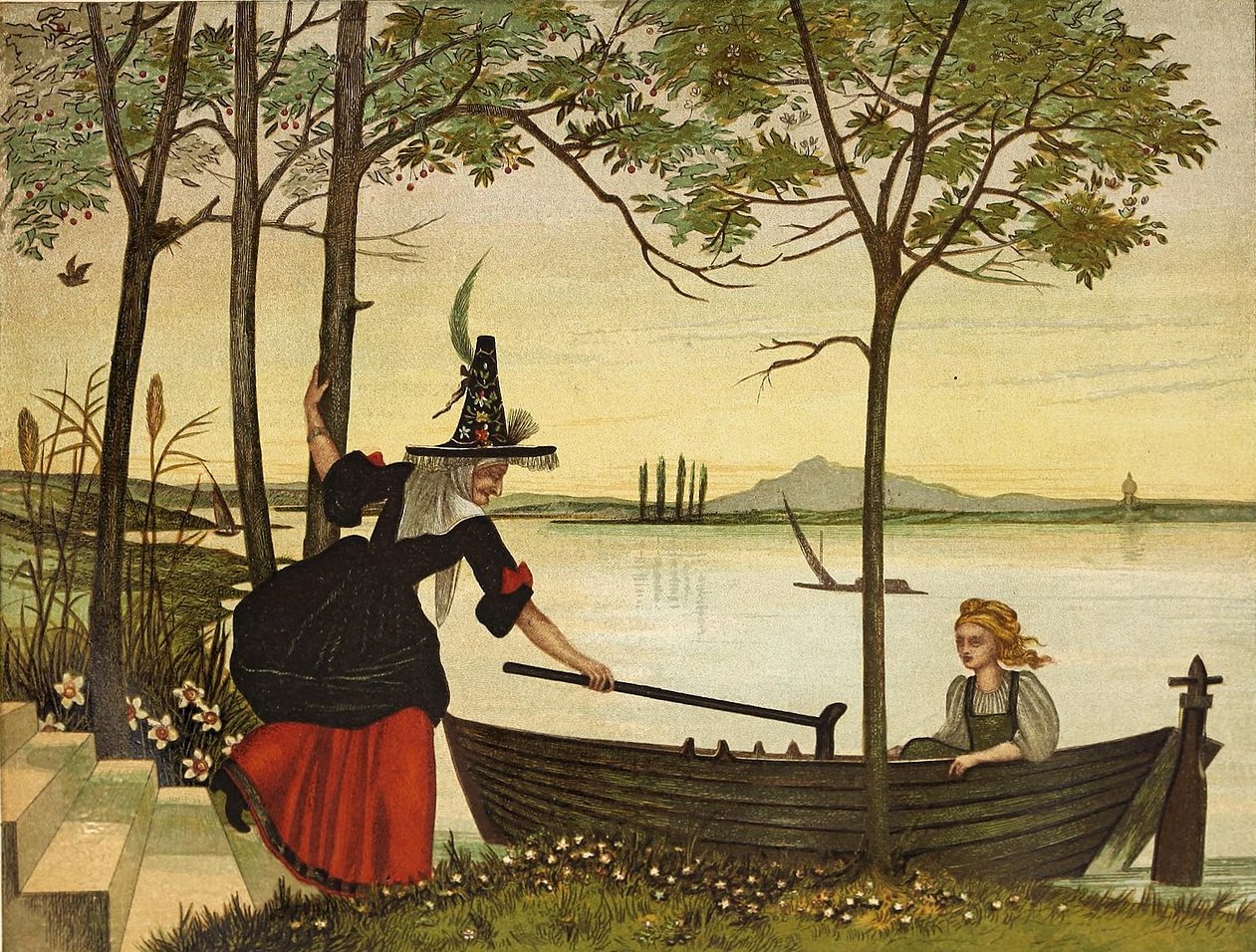 The Witch In The Cherry Garden Drawing In Gerda's Boat With Her Crutch
