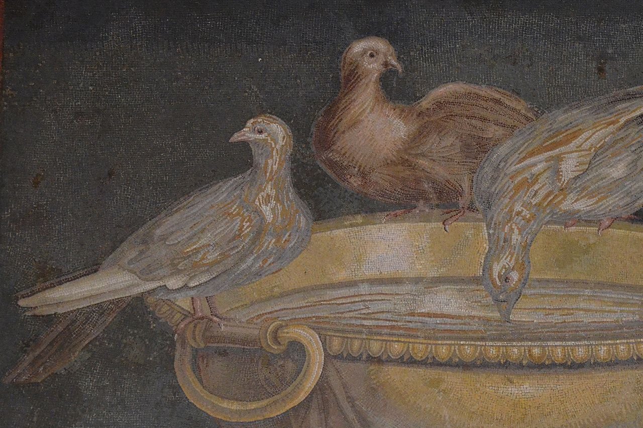 Mosaic showing doves drinking from a bowl