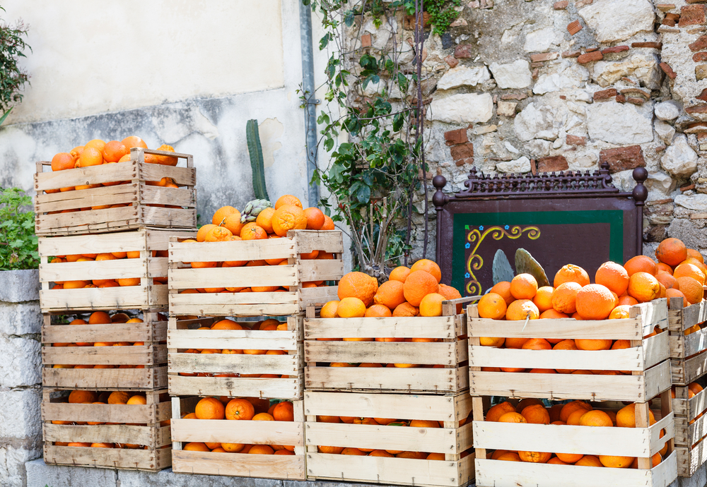 Fresh crop of oranges in wooden boxes