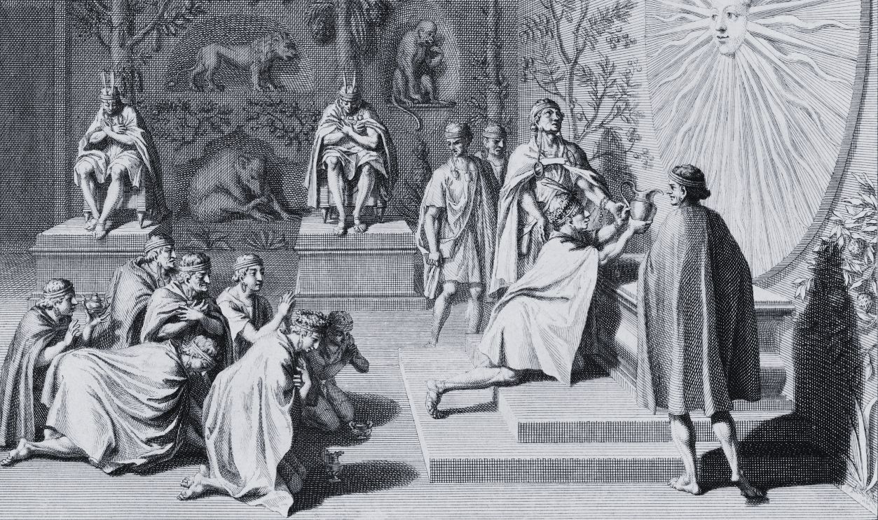 Gettyimages - 586340508, Lyncas Consacre Son Vaze Au Soleil, Circa 1723 The Incas consecrate their Vase to the Sun, 'L'Yncas consacre son Vaze au Soleil', circa 1723. From 'Cérémonies et coutumes religieuses de tous les peuples du monde'. 