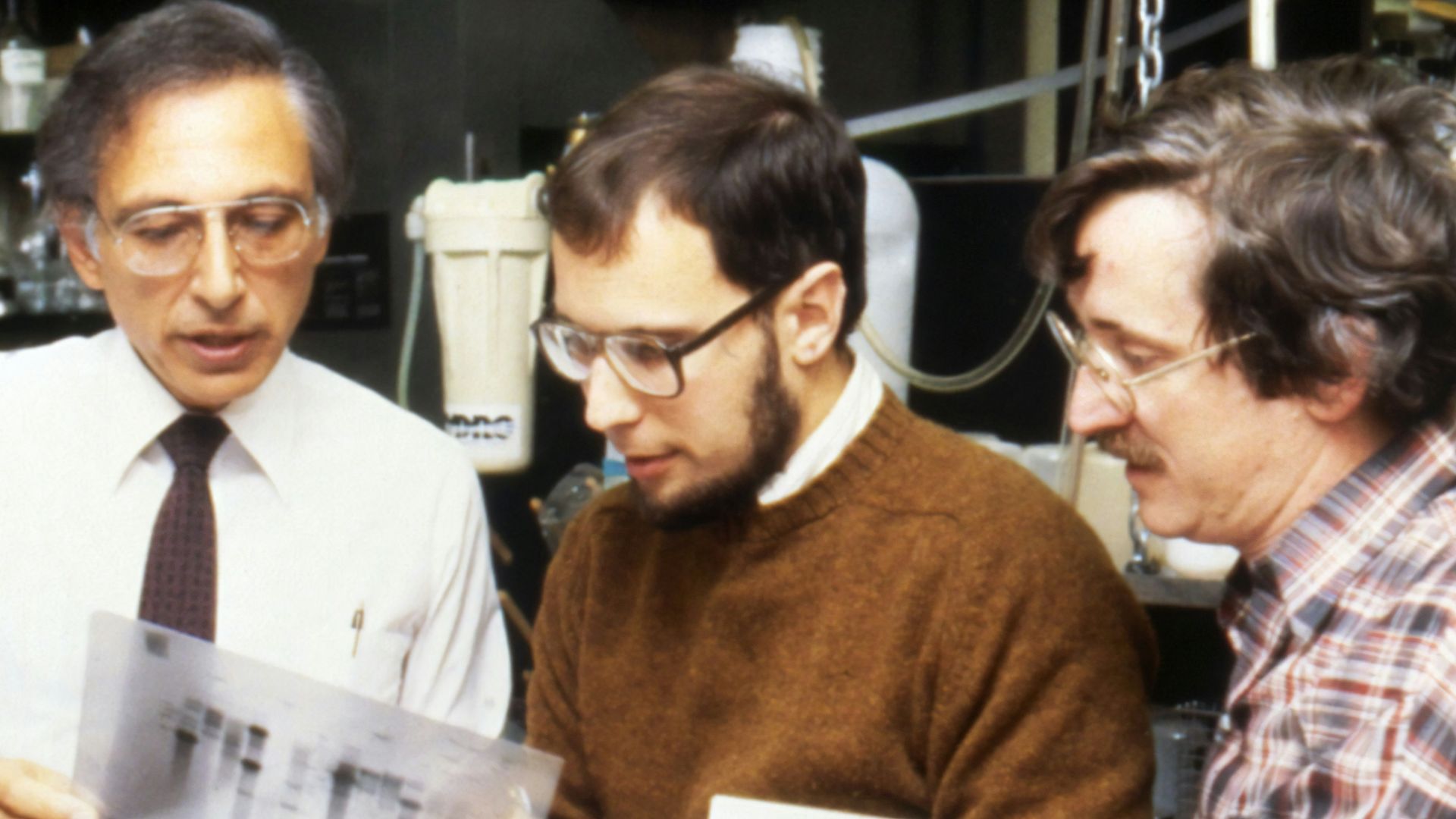 three men standing beside woman
