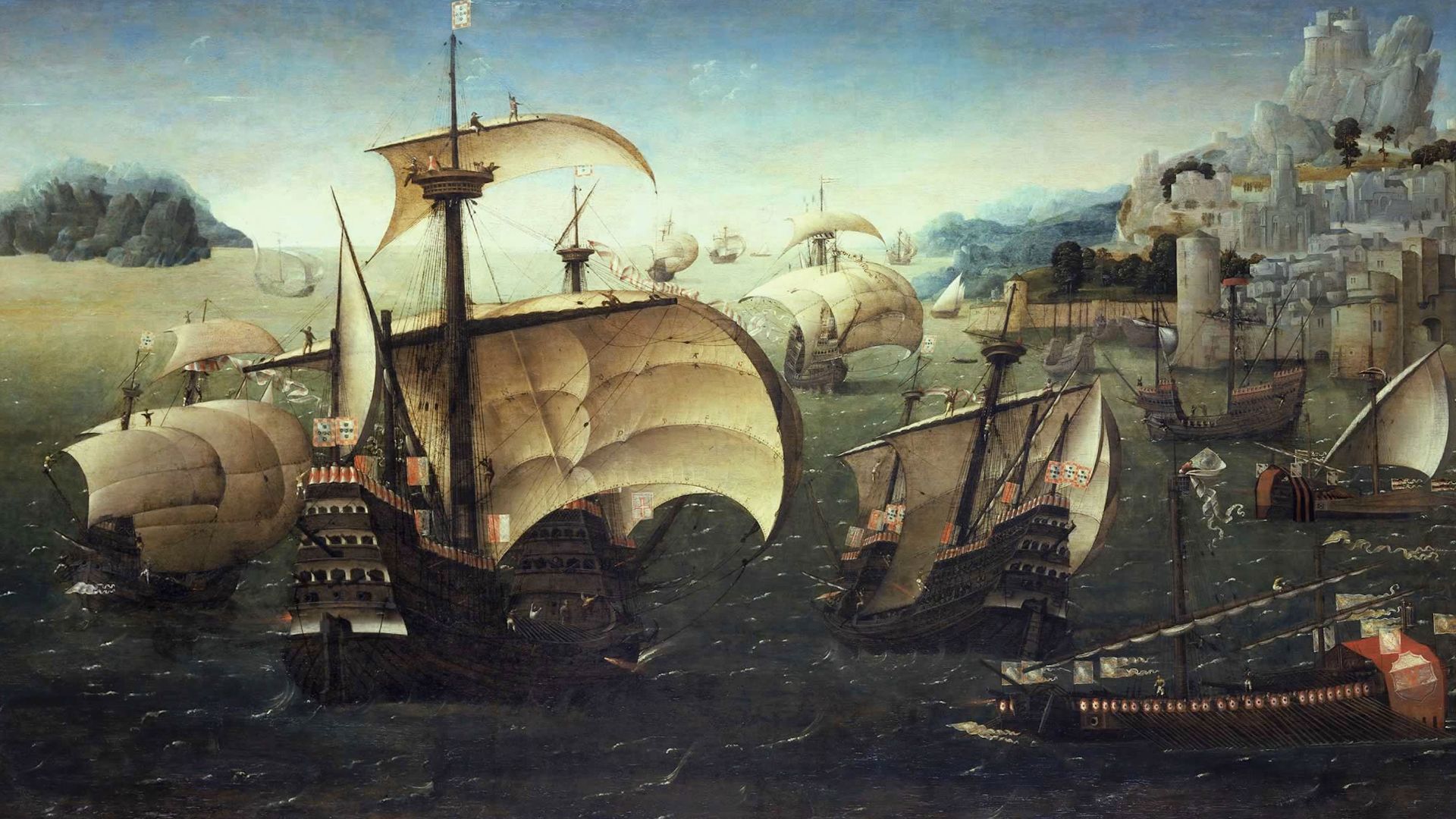File:Portuguese Carracks off a Rocky Coast.jpg