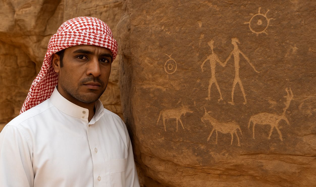 Man and Ancient Petroglyphs in Desert