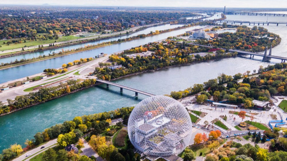 Aerial View of Montreal, Quebec, Canada with Cloudy Sky in the Background
