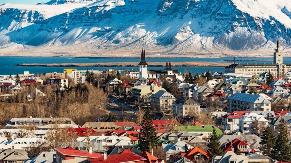 The image showcases a Vibrant urban scene of Reykjavik, Iceland