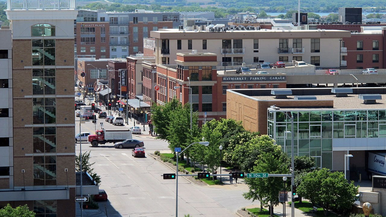 Aerial view of the old Haymarket and West Haymarket; as seen from the Que Place Garage