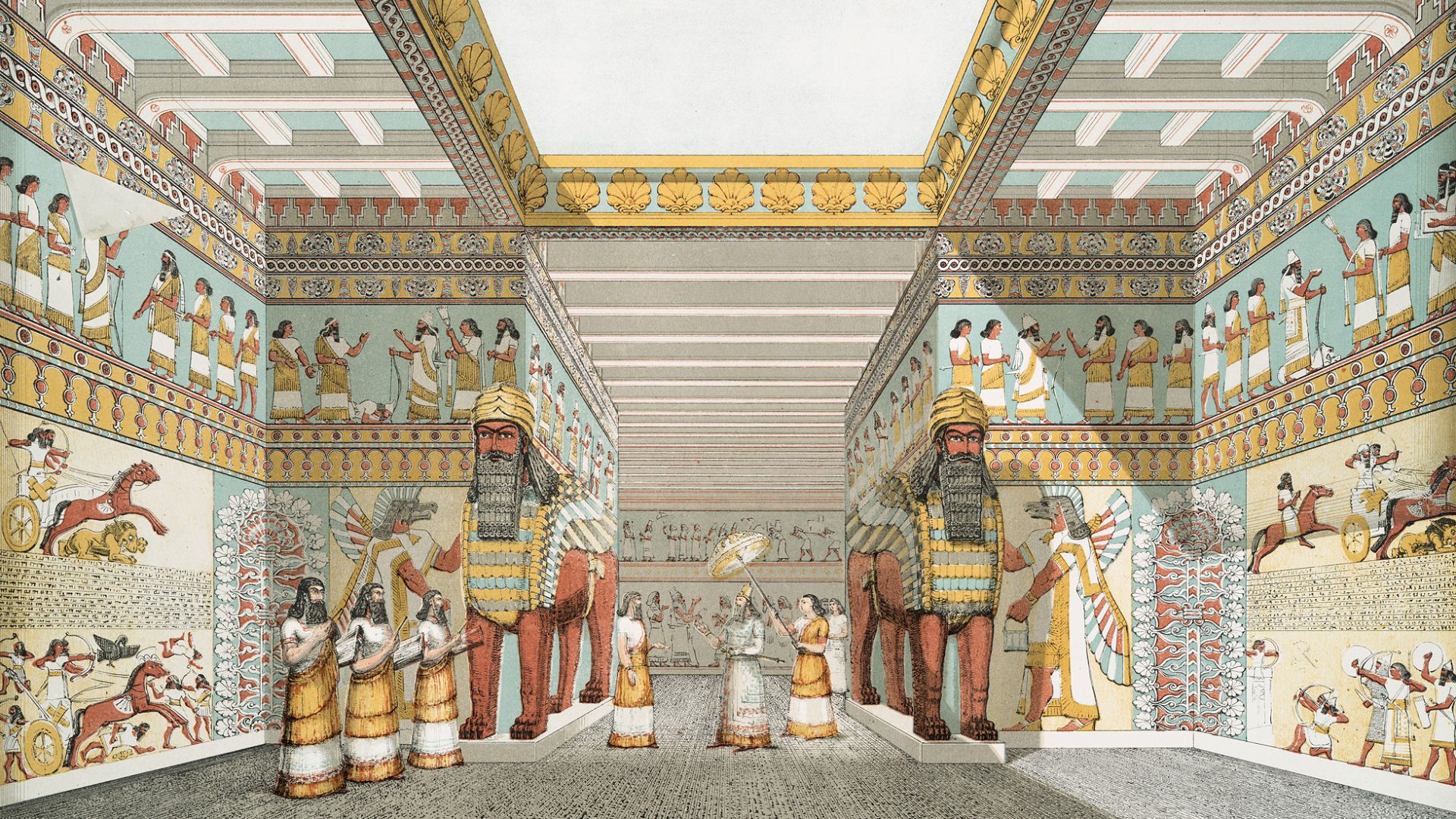 File:Artist’s impression of a hall in an Assyrian palace from The Monuments of Nineveh by Sir Austen Henry Layard, 1853.jpg
