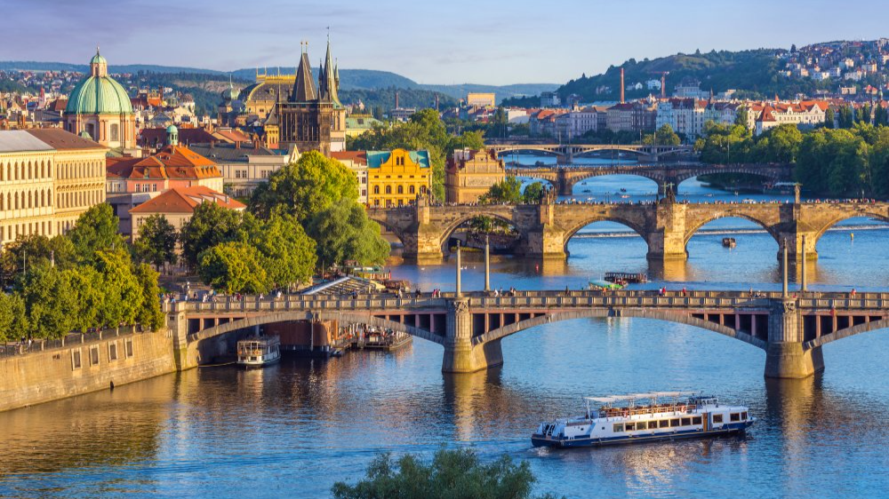 The image showcases a Vibrant urban scene of Prague, Czech Republic