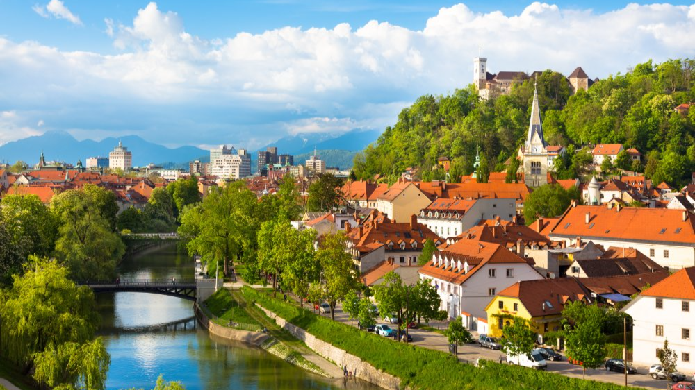 The image showcases a Vibrant urban scene of Ljubljana, Slovenia
