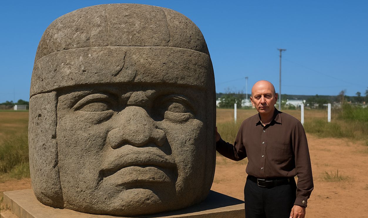 A man standing beside the olmec colossal heads