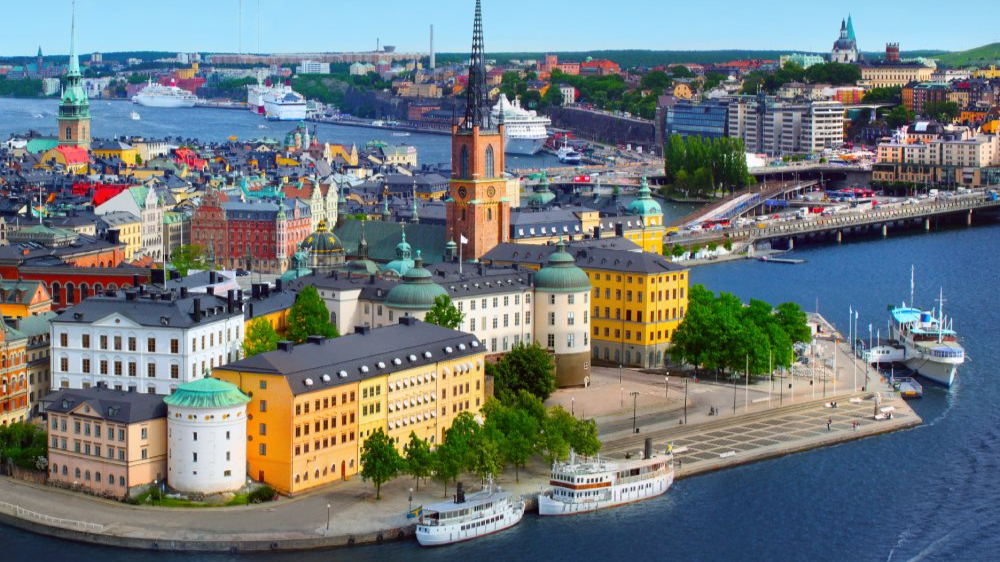 The image showcases a Vibrant urban scene of Stockholm, Sweden