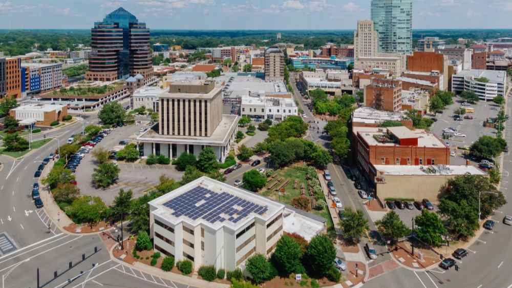 Vibrant urban scene of Durham, North Carolina captured from a high vantage point