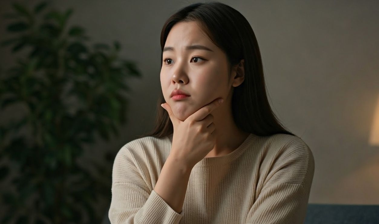 Indoor photo of korean woman in 20s agonizing over double chin