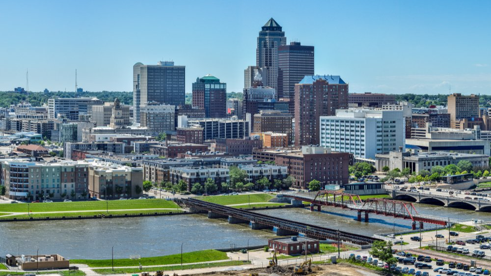 Vibrant urban scene of Des Moines, Iowa captured from a high vantage point