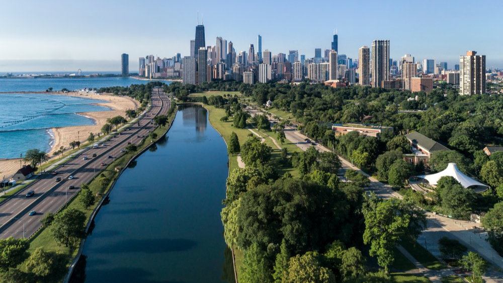 Vibrant urban scene of Chicago, Illinois captured from a high vantage point