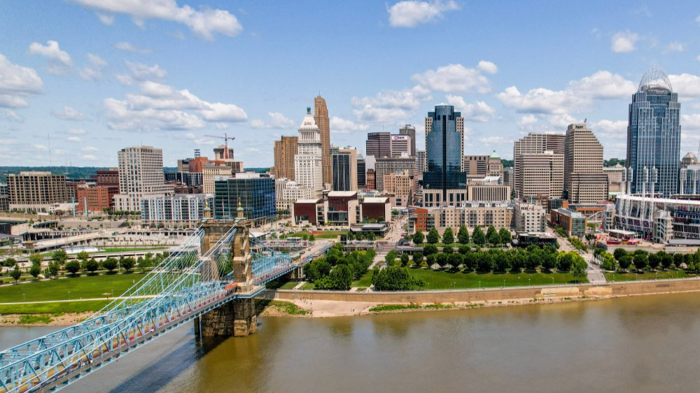 Vibrant urban scene of Cincinnati, Ohio captured from a high vantage point