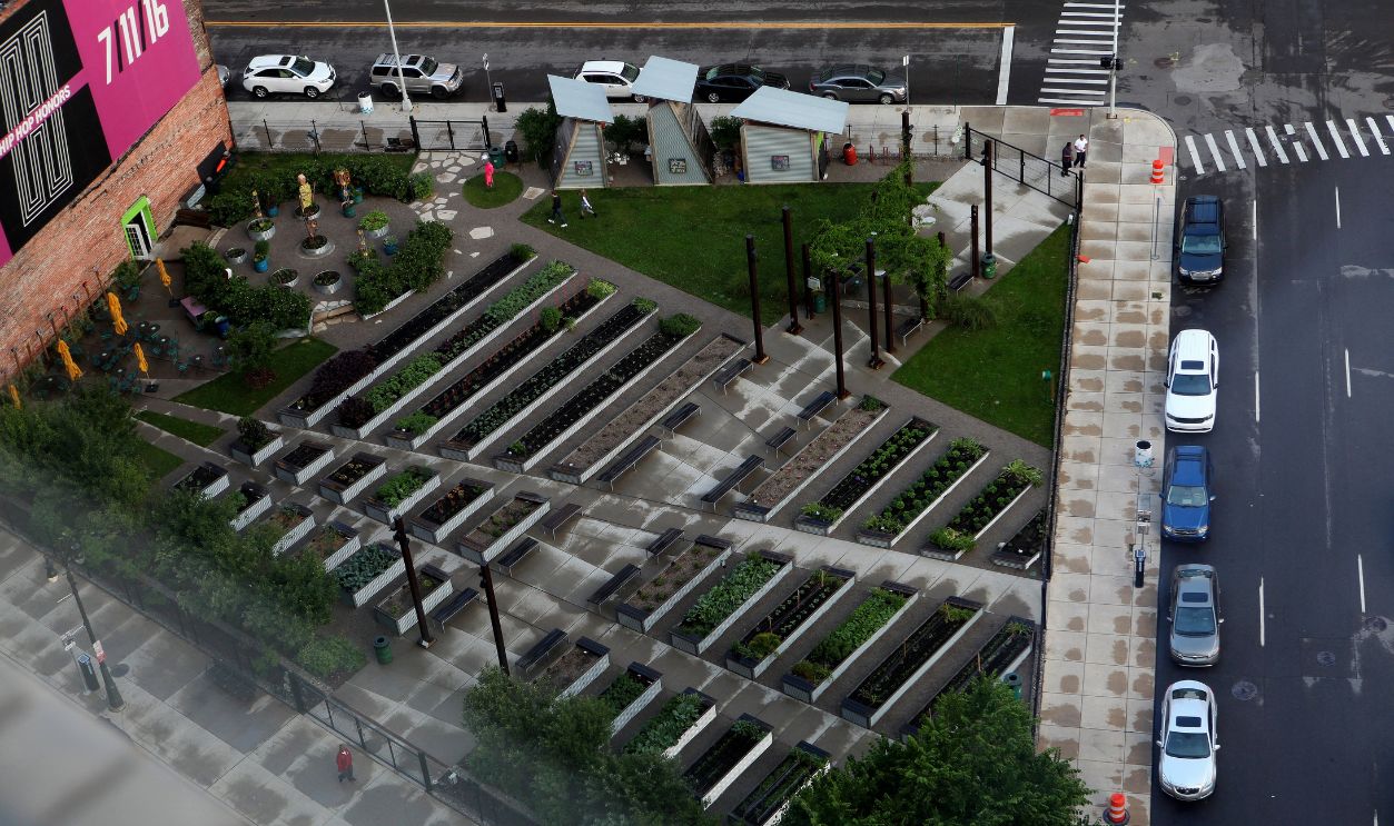 Kenneth Weikal Landscape Architecture's Lafayette Greens Community Garden photographed from the Westin Book Cadillac Detroit hotel on June 16, 2016 in Detroit, Michigan. 