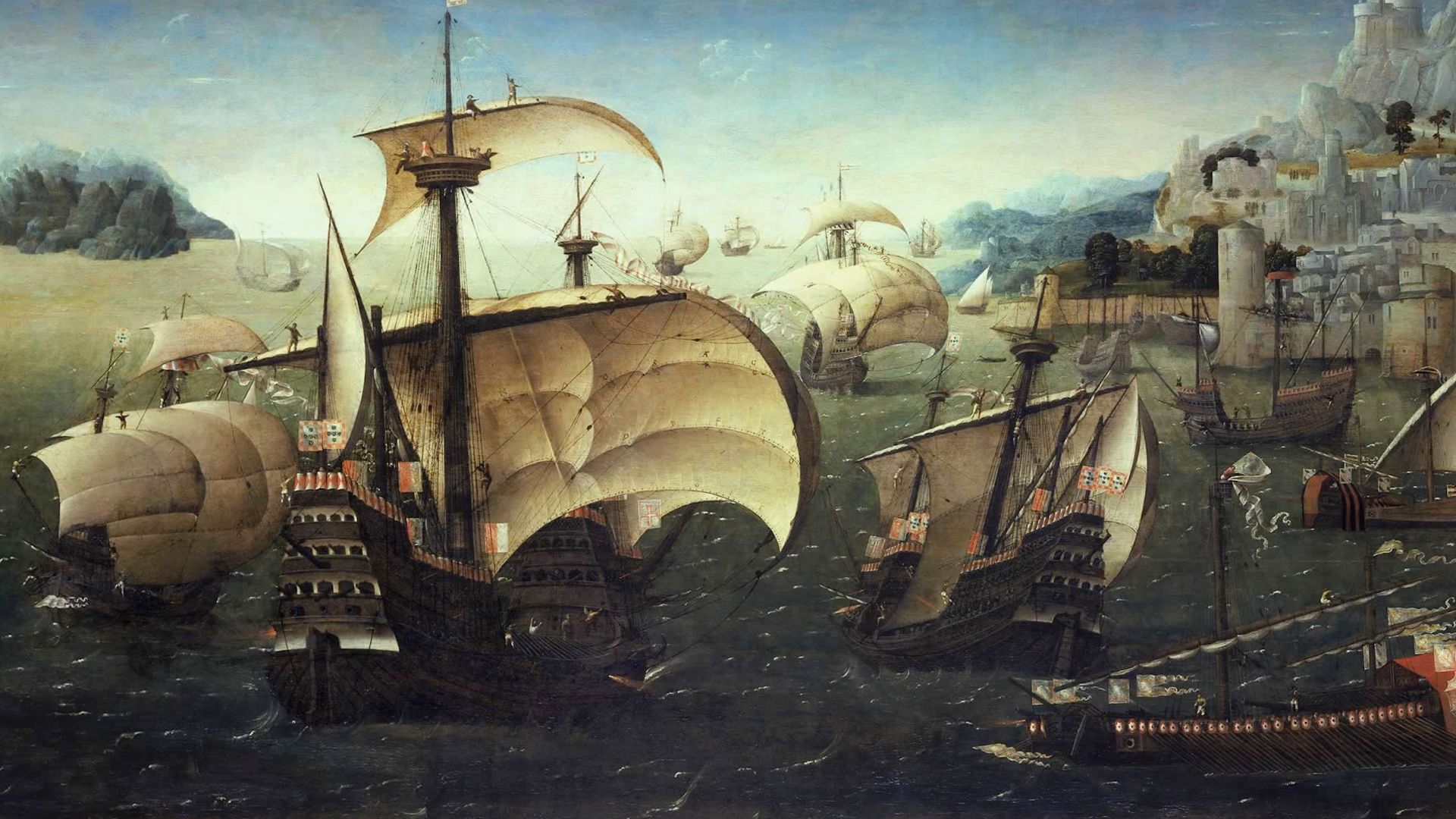File:Portuguese Carracks off a Rocky Coast.jpg