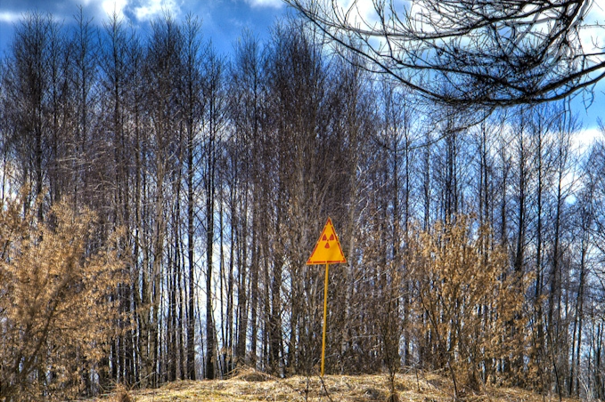 : An assistant holds up a photo showing the city of Pripyat's main square and the 