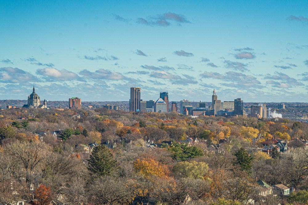 The image showcases a Vibrant urban scene of Saint Paul, Minnesota