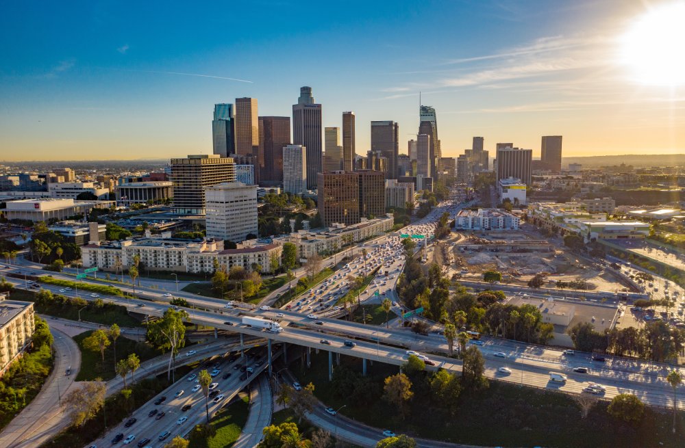 The image showcases a Vibrant urban scene of Los Angeles, California