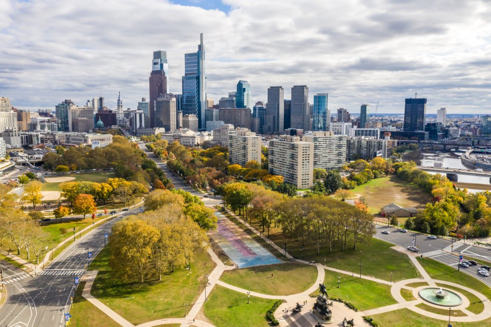 The image showcases a Vibrant urban scene of Philadelphia, Pennsylvania