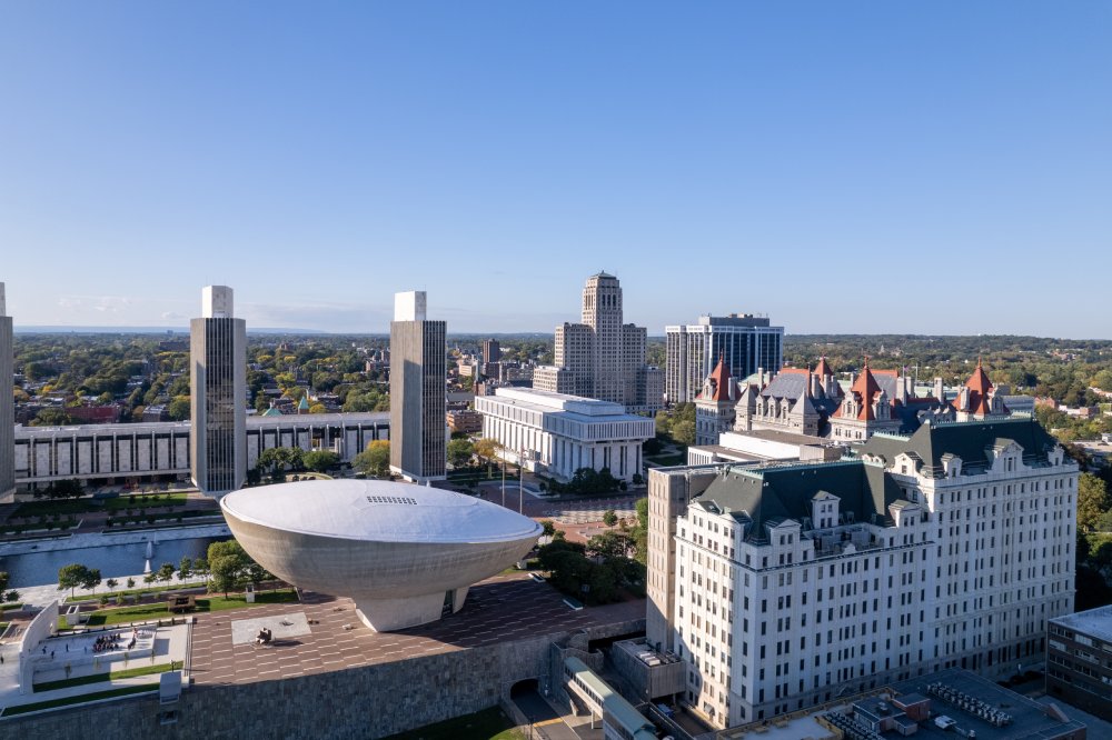 The image showcases a Vibrant urban scene of Albany, New York