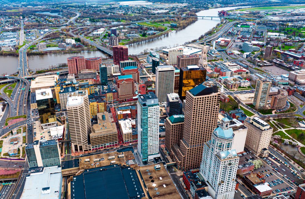 The image showcases a Vibrant urban scene of Hartford, Connecticut